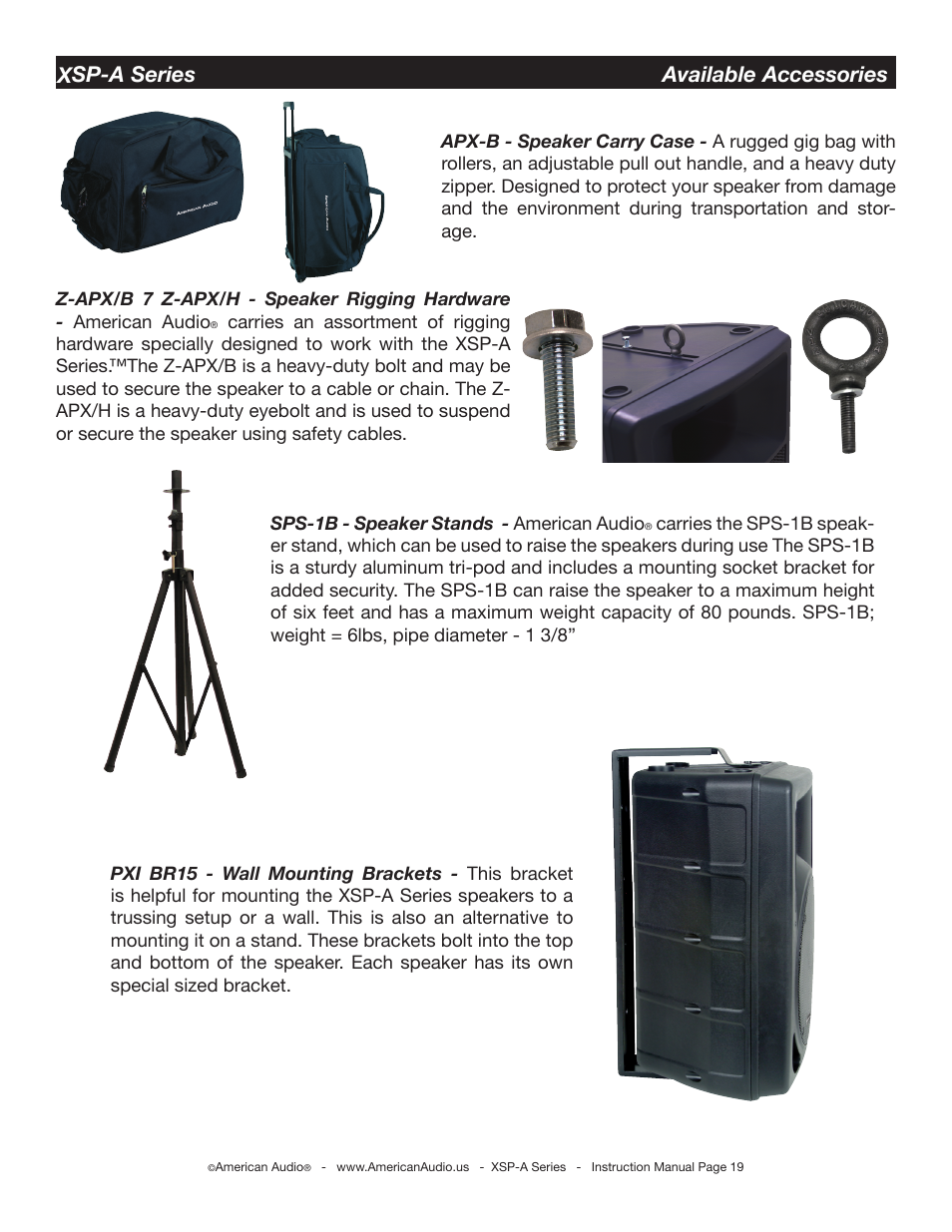 Xsp-a series available accessories | American Audio XSP-A User Manual | Page 19 / 24