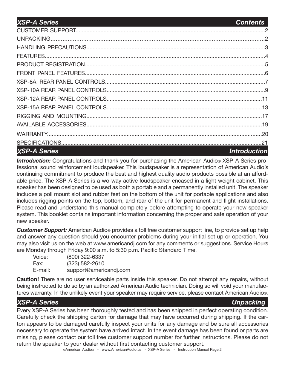 American Audio XSP-A User Manual | Page 2 / 24