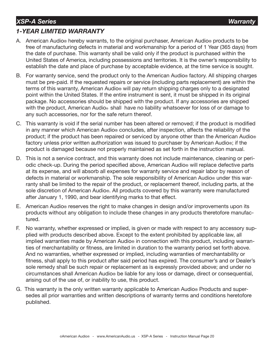 Year limited warranty, Xsp-a series warranty | American Audio XSP-A User Manual | Page 20 / 24