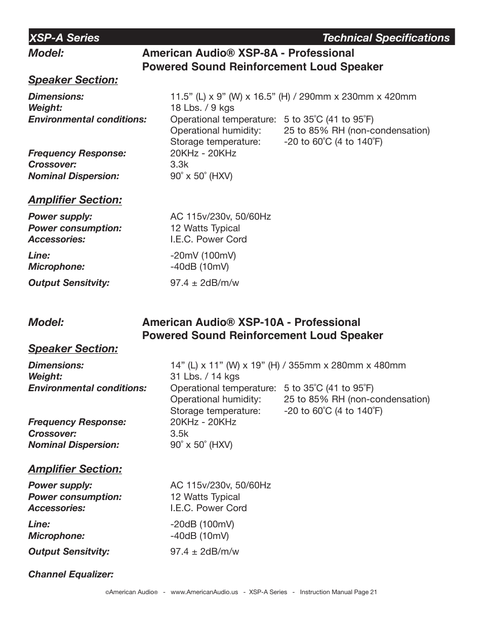 American Audio XSP-A User Manual | Page 21 / 24