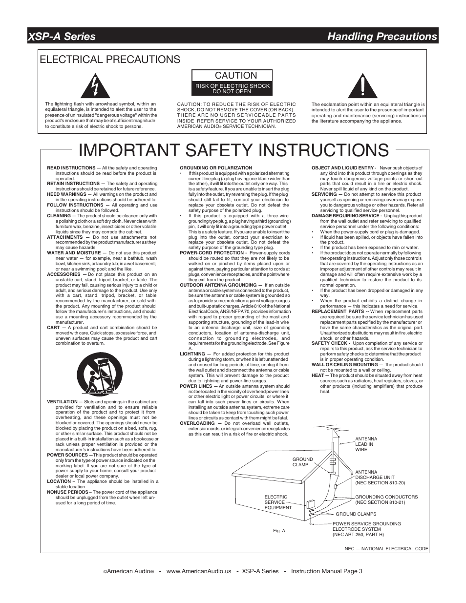 Important safety instructions, Electrical precautions, Xsp-a series handling precautions | Caution | American Audio XSP-A User Manual | Page 3 / 24