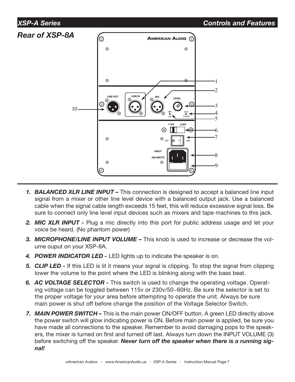 Rear of xsp-8a, Xsp-a series controls and features | American Audio XSP-A User Manual | Page 7 / 24
