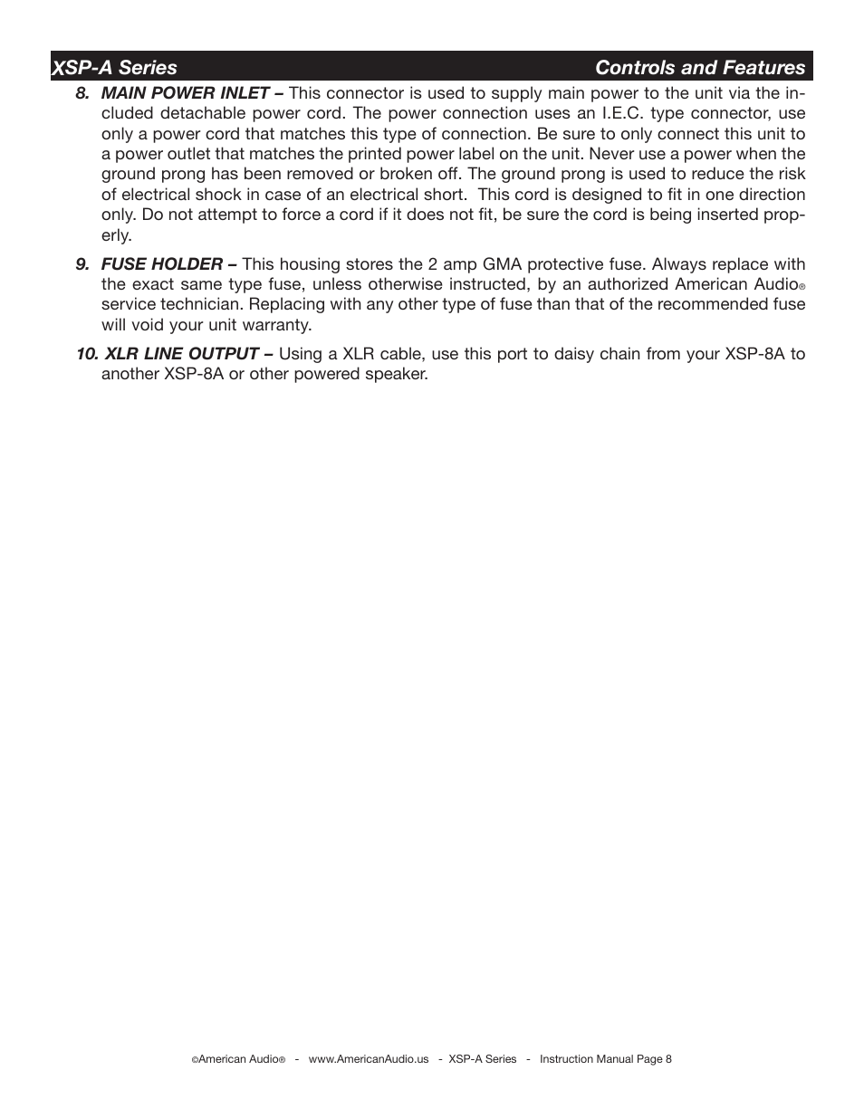 Xsp-a series controls and features | American Audio XSP-A User Manual | Page 8 / 24