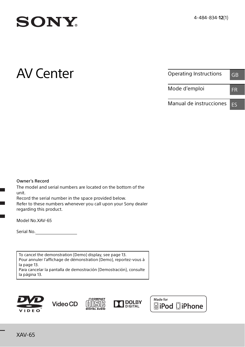 Sony XAV-65 User Manual | 72 pages