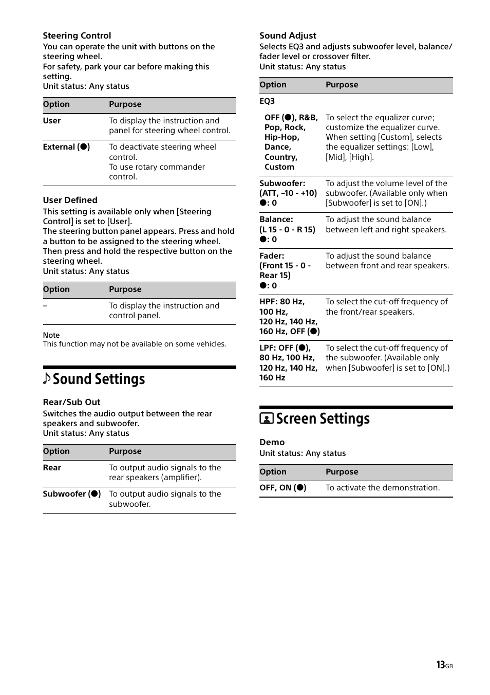 Sound settings, Sound adjust, Screen settings | Sony XAV-65 User Manual | Page 13 / 72