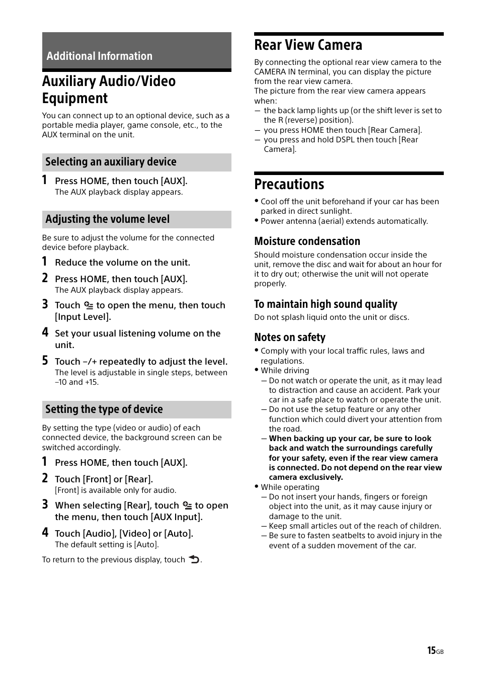 Additional information, Auxiliary audio/video equipment, Rear view camera | Precautions, Moisture condensation | Sony XAV-65 User Manual | Page 15 / 72