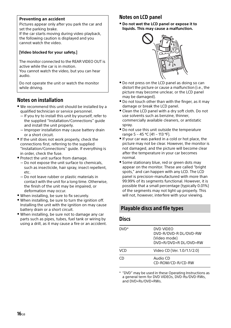 Discs, Playable discs and file types | Sony XAV-65 User Manual | Page 16 / 72