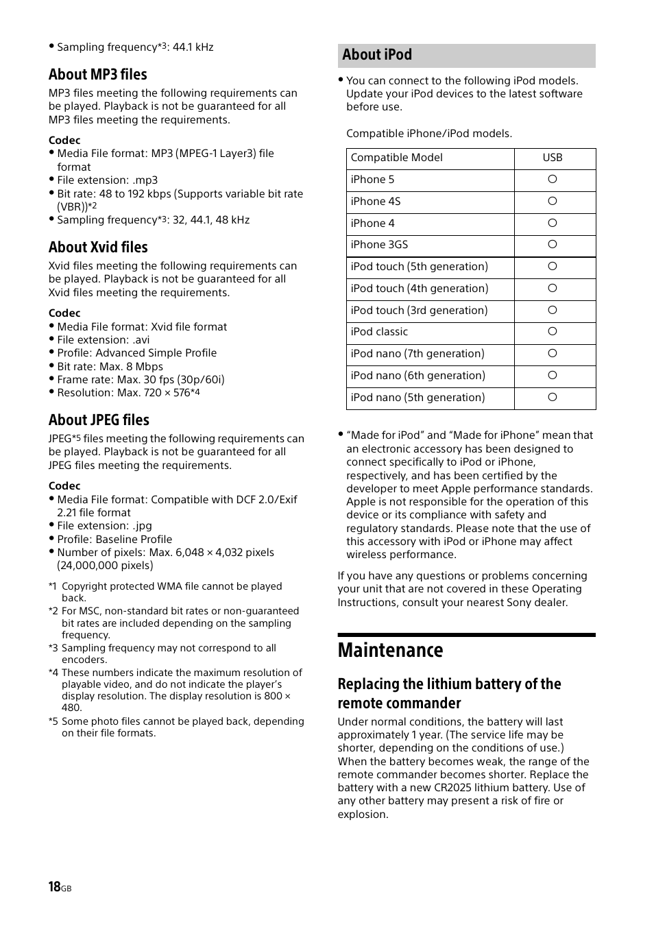 Maintenance, About mp3 files, About xvid files | About jpeg files, About ipod | Sony XAV-65 User Manual | Page 18 / 72