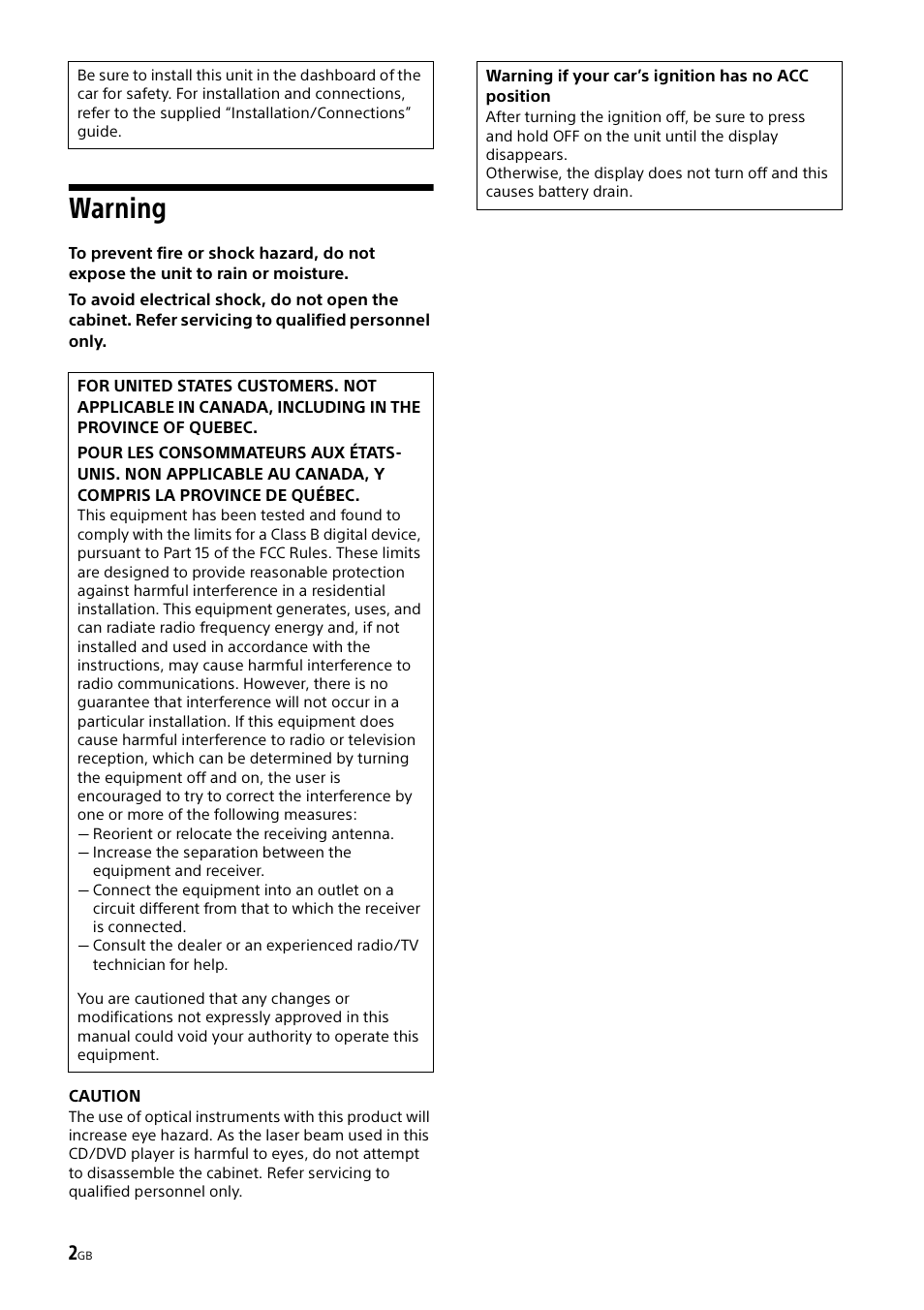 Warning | Sony XAV-65 User Manual | Page 2 / 72