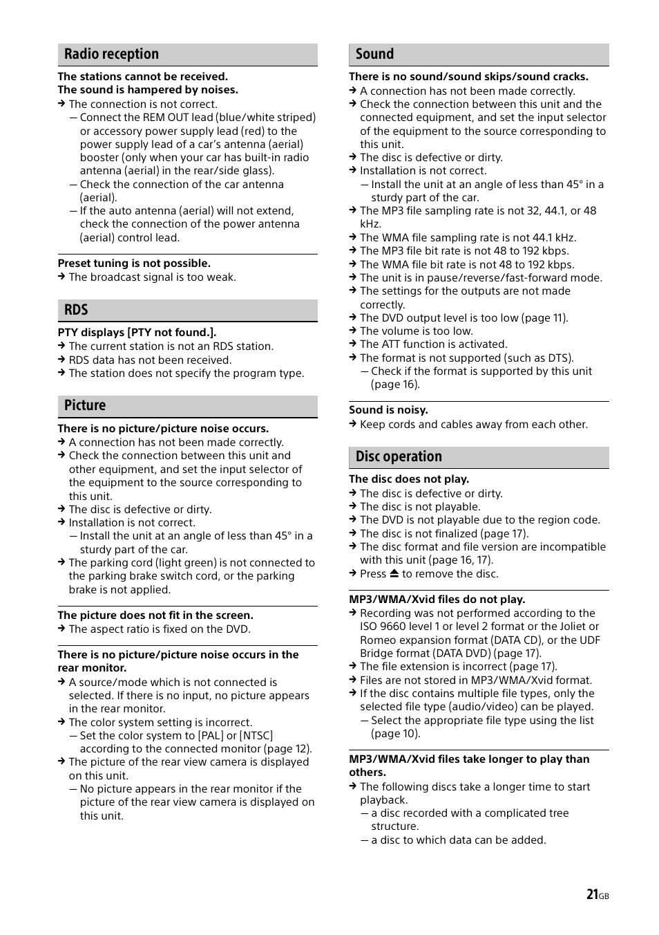 Radio reception, Picture, Sound | Disc operation | Sony XAV-65 User Manual | Page 21 / 72