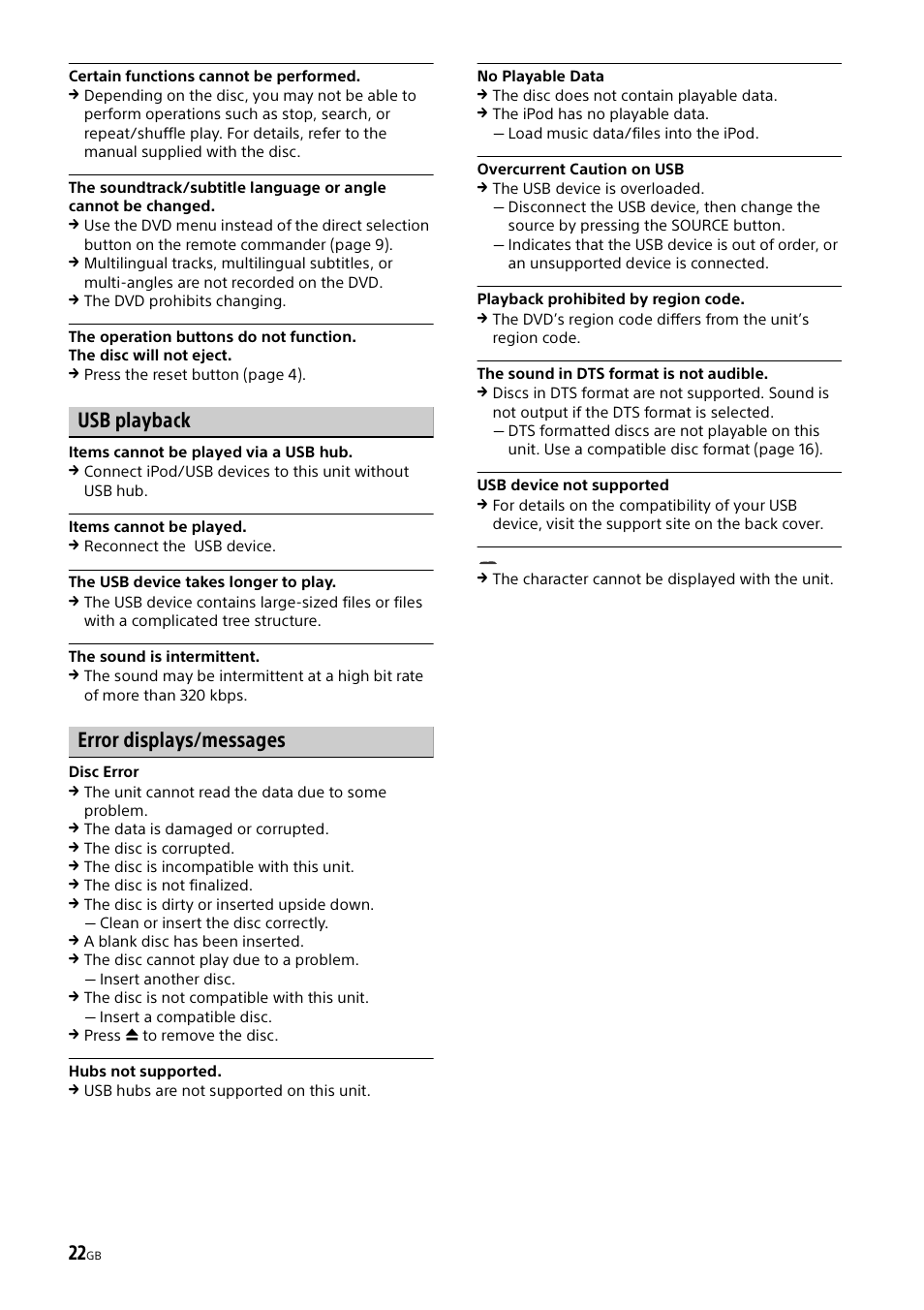 Usb playback, Error displays/messages | Sony XAV-65 User Manual | Page 22 / 72