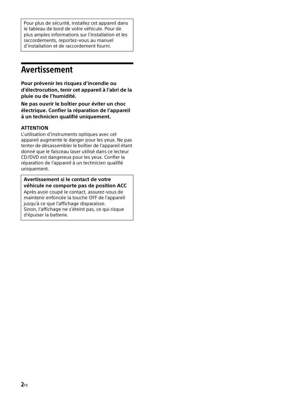 Avertissement | Sony XAV-65 User Manual | Page 24 / 72