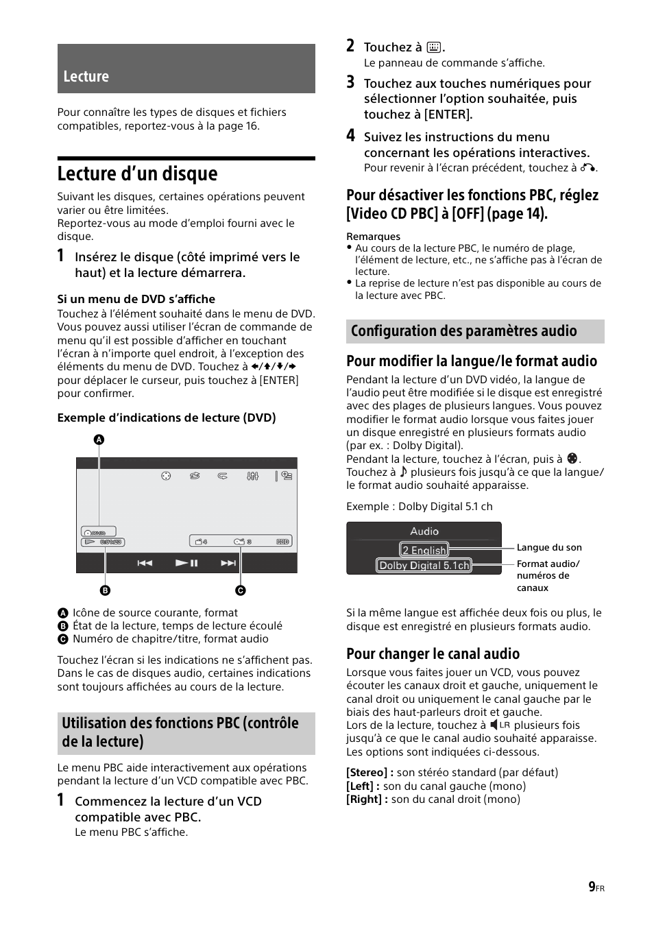 Lecture, Lecture d’un disque, Pour modifier la langue/le format audio | Pour changer le canal audio, Configuration des paramètres audio | Sony XAV-65 User Manual | Page 31 / 72