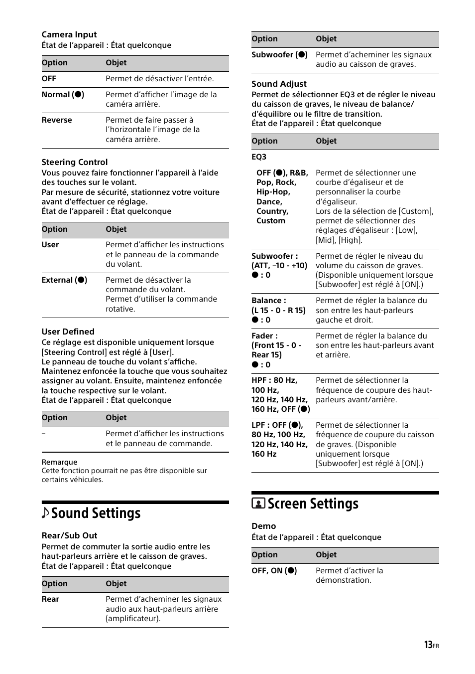 Sound settings, Sound adjust, Screen settings | Sony XAV-65 User Manual | Page 35 / 72