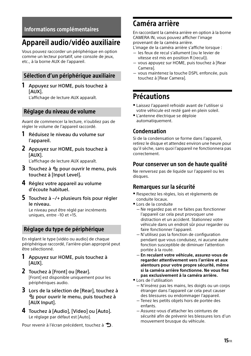 Informations complémentaires, Appareil audio/vidéo auxiliaire, Caméra arrière | Précautions, Condensation, Pour conserver un son de haute qualité, Remarques sur la sécurité | Sony XAV-65 User Manual | Page 37 / 72