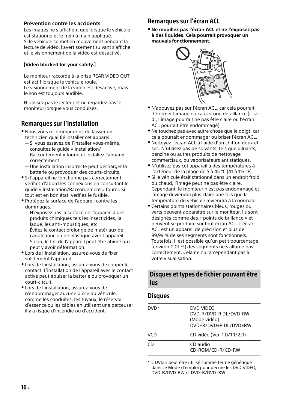 Remarques sur l’installation, Remarques sur l’écran acl, Disques | Disques et types de fichier pouvant être lus | Sony XAV-65 User Manual | Page 38 / 72