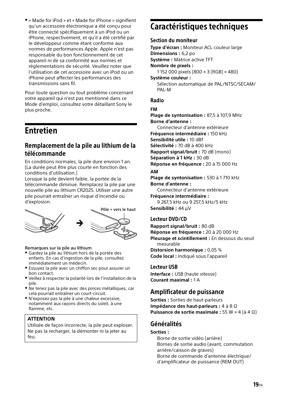 Entretien, Caractéristiques techniques, Entretien caractéristiques techniques | Amplificateur de puissance, Généralités | Sony XAV-65 User Manual | Page 41 / 72