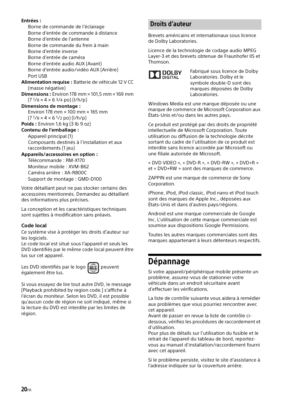 Dépannage, Droits d’auteur | Sony XAV-65 User Manual | Page 42 / 72