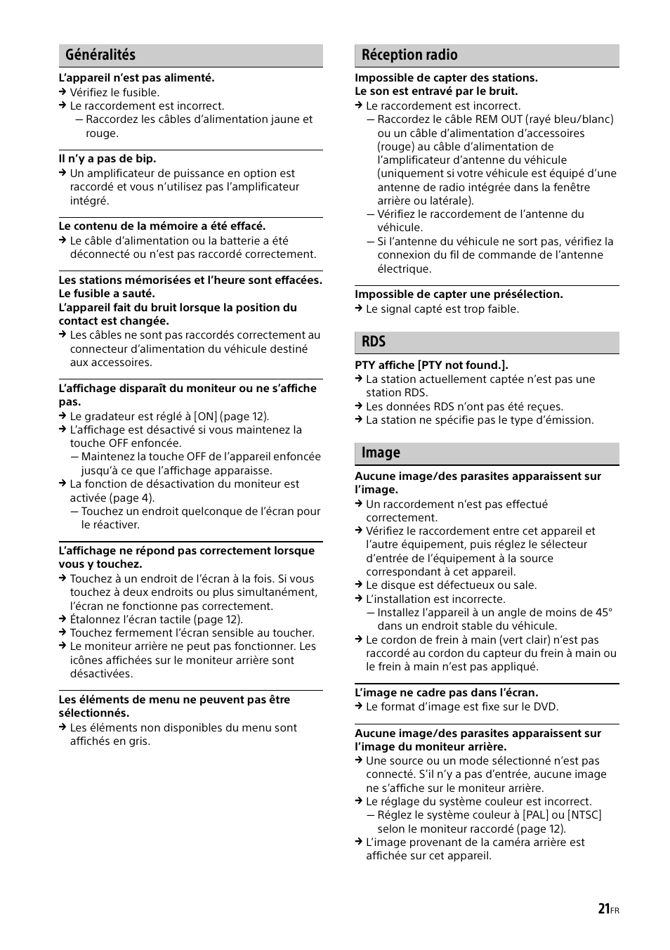 Généralités, Réception radio, Image | Sony XAV-65 User Manual | Page 43 / 72