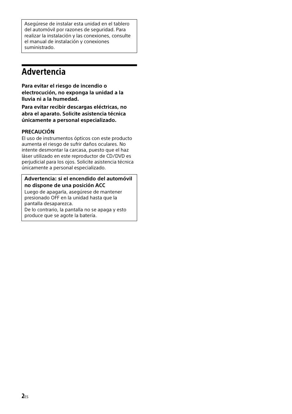 Advertencia | Sony XAV-65 User Manual | Page 48 / 72