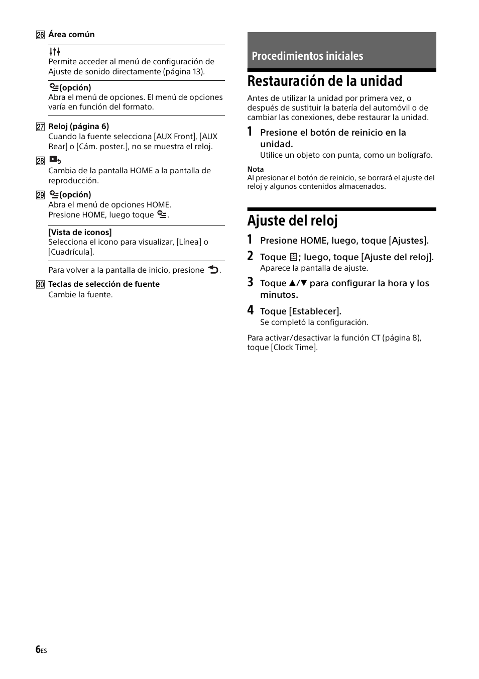 Procedimientos iniciales, Restauración de la unidad, Ajuste del reloj | Restauración de la unidad ajuste del reloj | Sony XAV-65 User Manual | Page 52 / 72