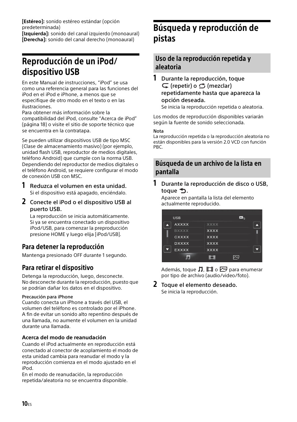 Reproducción de un ipod/dispositivo usb, Búsqueda y reproducción de pistas, Reproducción de un ipod/ dispositivo usb | Para detener la reproducción, Para retirar el dispositivo | Sony XAV-65 User Manual | Page 56 / 72