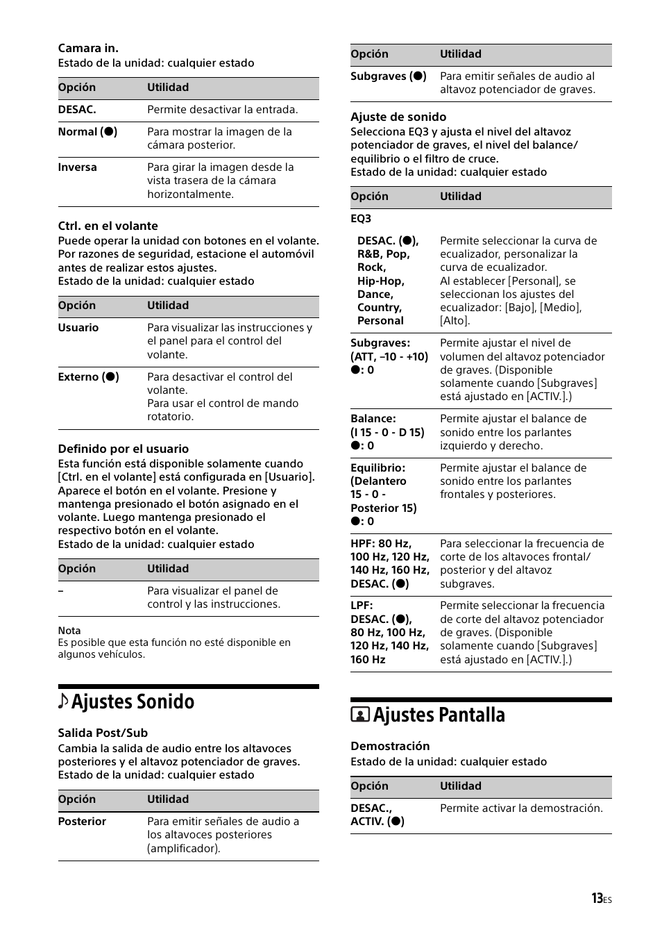 Ajustes sonido, Ajuste de sonido, Ajustes pantalla | Sony XAV-65 User Manual | Page 59 / 72