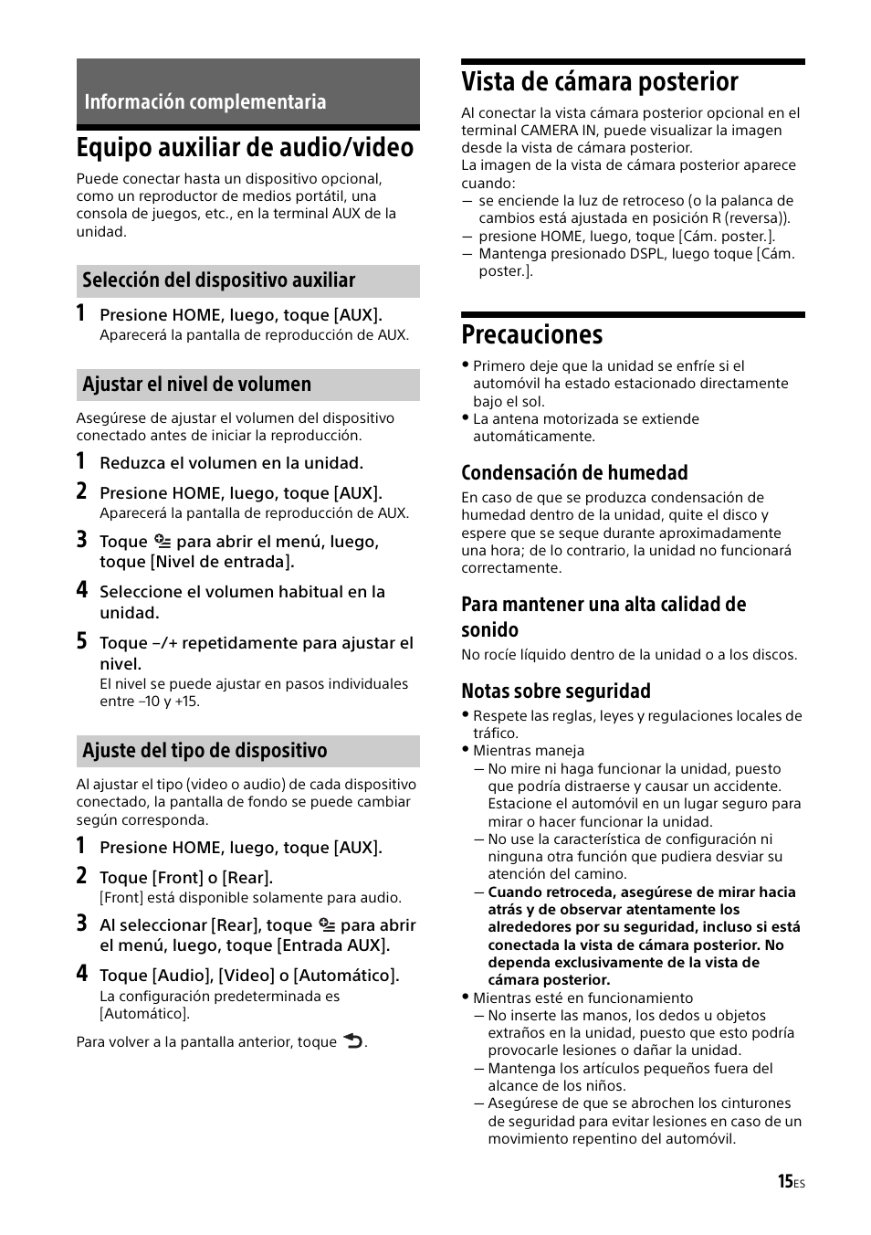 Información complementaria, Equipo auxiliar de audio/video, Vista de cámara posterior | Precauciones, Condensación de humedad, Para mantener una alta calidad de sonido, Notas sobre seguridad | Sony XAV-65 User Manual | Page 61 / 72