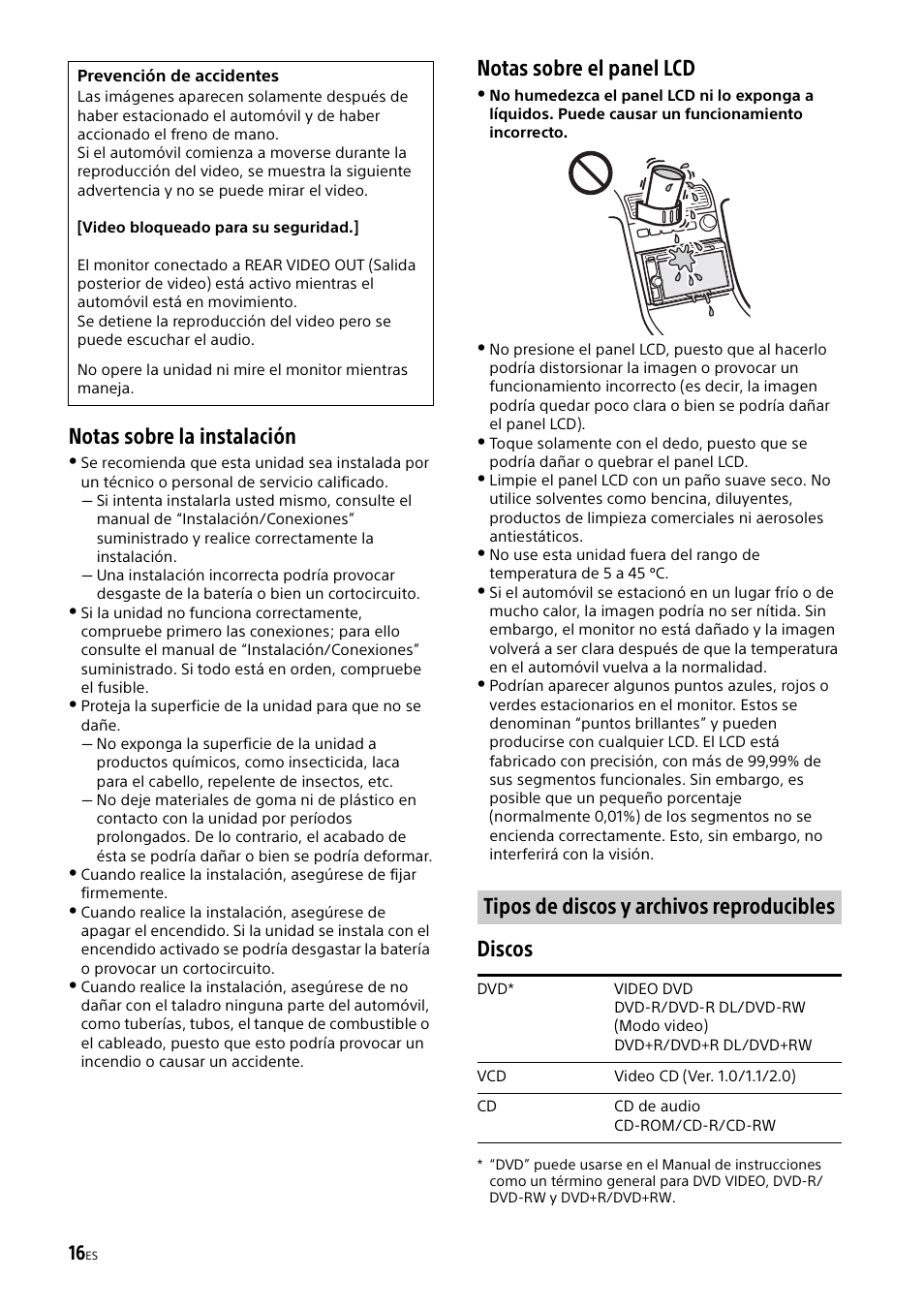 Notas sobre la instalación, Notas sobre el panel lcd, Discos | Tipos de discos y archivos reproducibles | Sony XAV-65 User Manual | Page 62 / 72