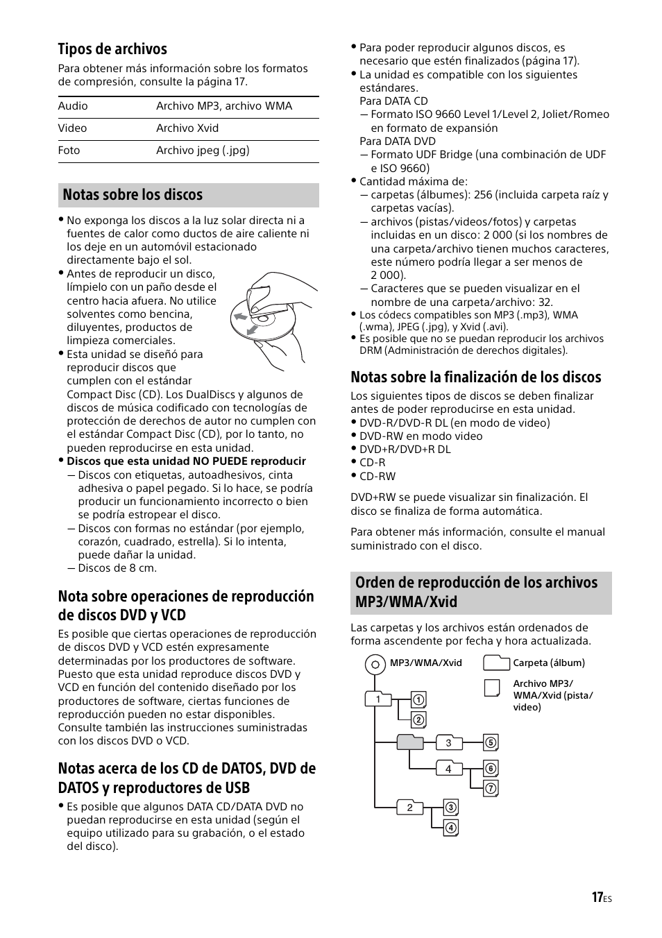 Tipos de archivos, Notas sobre la finalización de los discos | Sony XAV-65 User Manual | Page 63 / 72