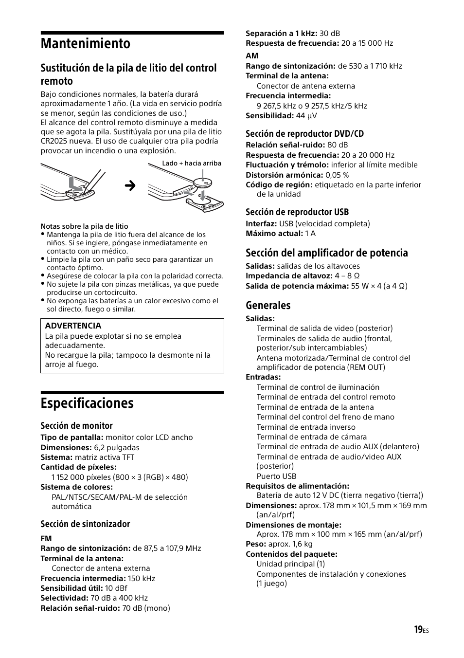 Mantenimiento, Especificaciones, Mantenimiento especificaciones | Sustitución de la pila de litio del control remoto, Sección del amplificador de potencia, Generales | Sony XAV-65 User Manual | Page 65 / 72