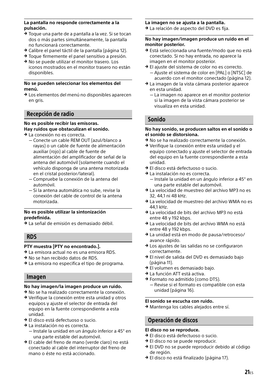 Recepción de radio, Imagen, Sonido | Operación de discos | Sony XAV-65 User Manual | Page 67 / 72