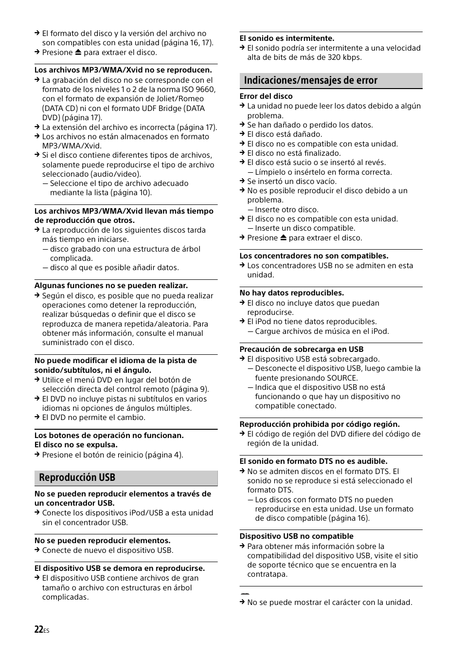 Reproducción usb, Indicaciones/mensajes de error | Sony XAV-65 User Manual | Page 68 / 72