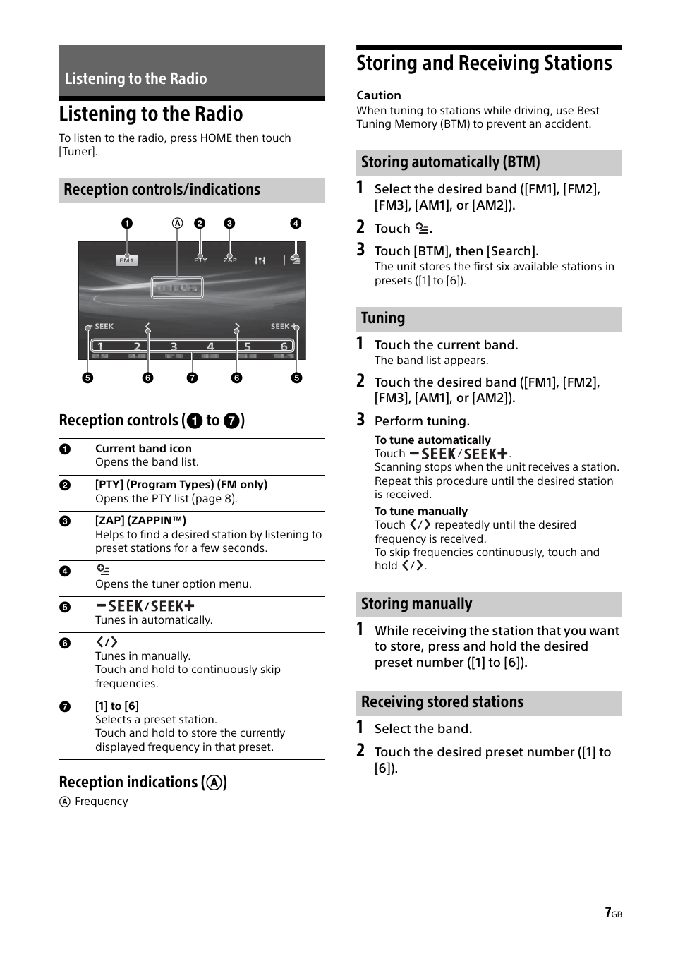 Listening to the radio, Storing and receiving stations | Sony XAV-65 User Manual | Page 7 / 72