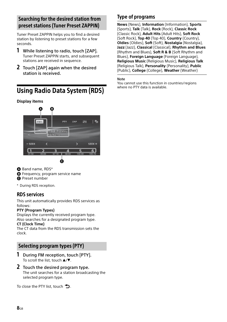 Using radio data system (rds), Rds services, Type of programs | Sony XAV-65 User Manual | Page 8 / 72