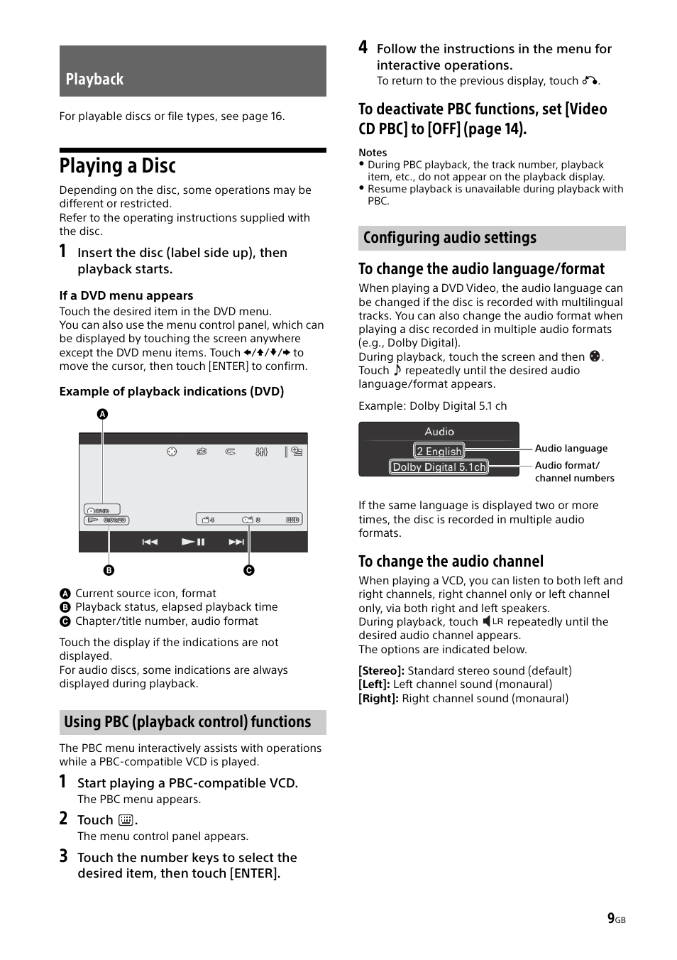 Playback, Playing a disc, Playback using pbc (playback control) functions | Configuring audio settings | Sony XAV-65 User Manual | Page 9 / 72