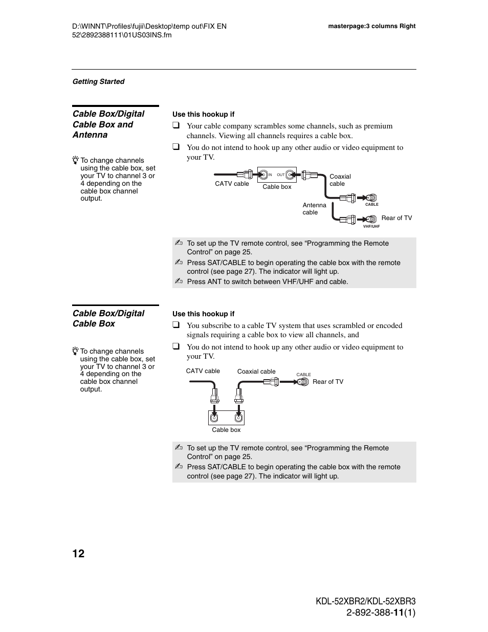 Cable box/digital cable box and antenna, Cable box/digital cable box | Sony KDL-52XBR3 User Manual | Page 12 / 56