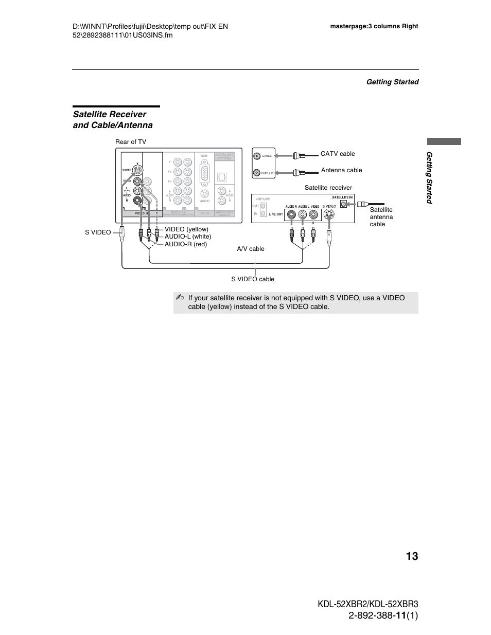 Satellite receiver and cable/antenna, Getting started, Ge tting started | Masterpage:3 columns right | Sony KDL-52XBR3 User Manual | Page 13 / 56