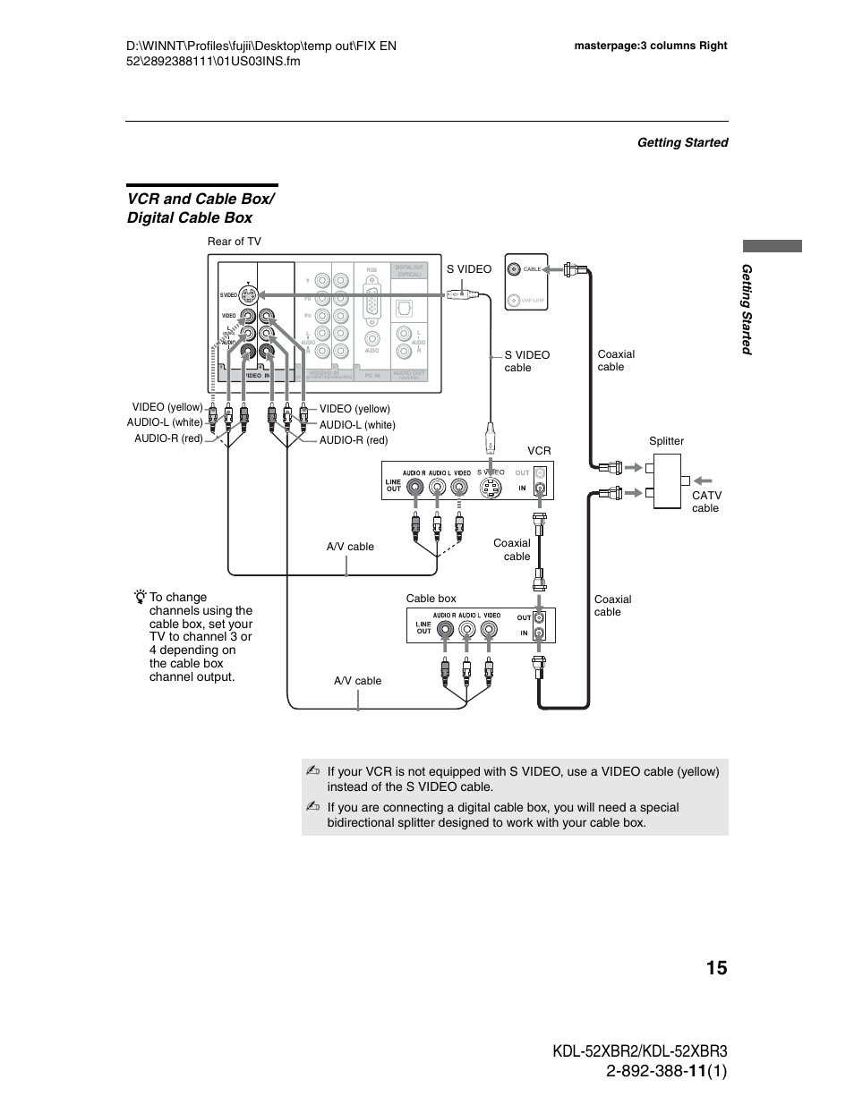 Vcr and cable box/ digital cable box, Vcr and cable box/digital cable box, Getting started | Ge tting started | Sony KDL-52XBR3 User Manual | Page 15 / 56