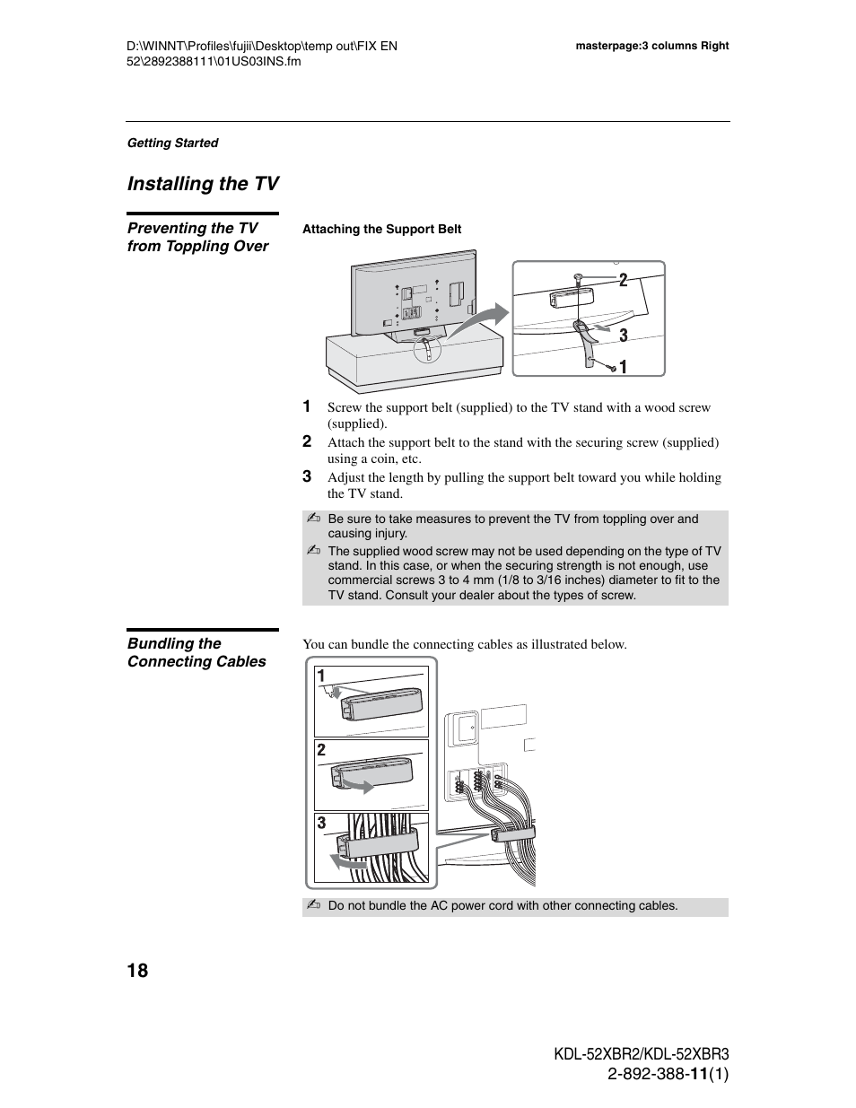 Installing the tv, Preventing the tv from toppling over, Bundling the connecting cables | Sony KDL-52XBR3 User Manual | Page 18 / 56