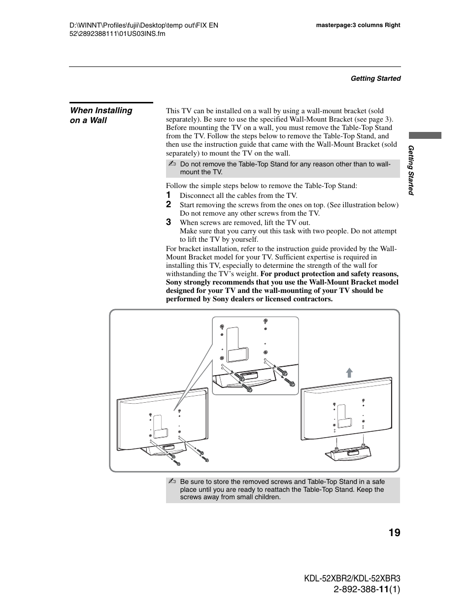 When installing on a wall | Sony KDL-52XBR3 User Manual | Page 19 / 56