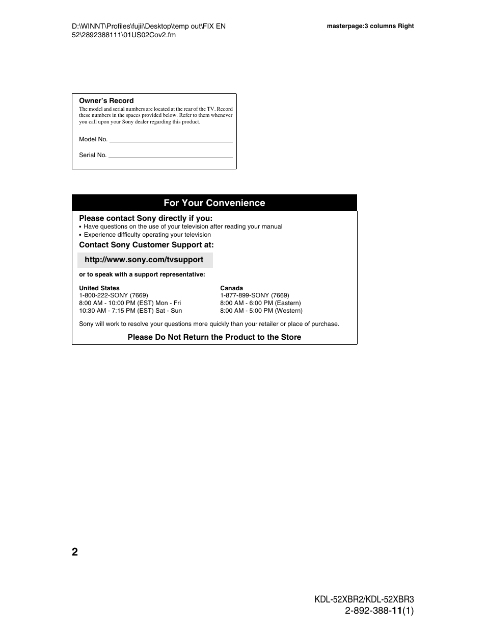 For your convenience | Sony KDL-52XBR3 User Manual | Page 2 / 56