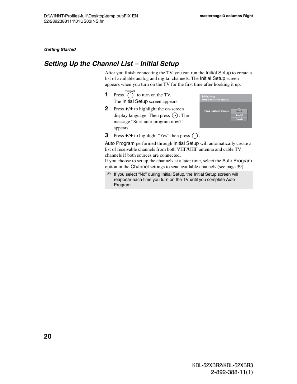 Setting up the channel list - initial setup, Setting up the channel list – initial setup | Sony KDL-52XBR3 User Manual | Page 20 / 56