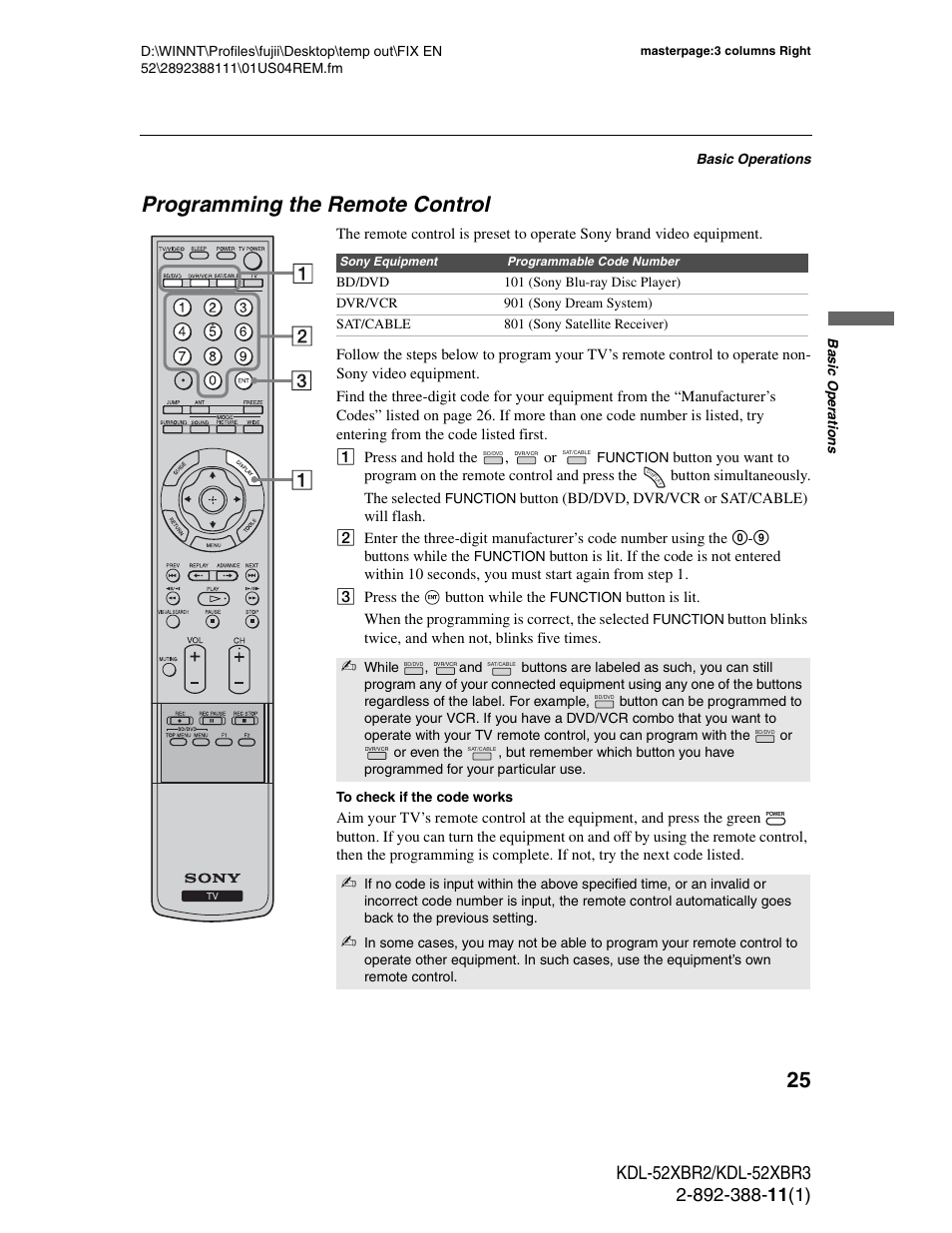 Programming the remote control | Sony KDL-52XBR3 User Manual | Page 25 / 56
