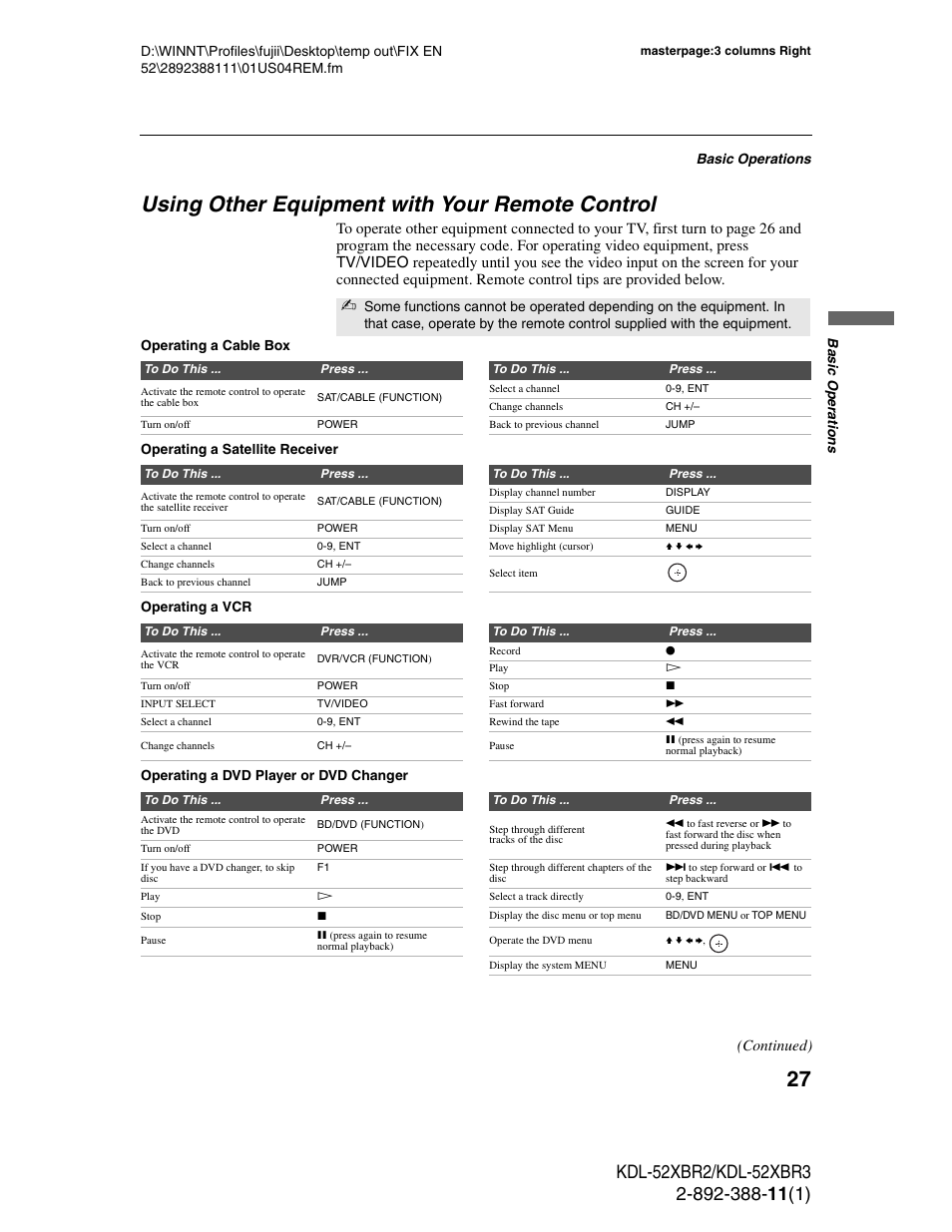 Using other equipment with your remote control, Continued) | Sony KDL-52XBR3 User Manual | Page 27 / 56