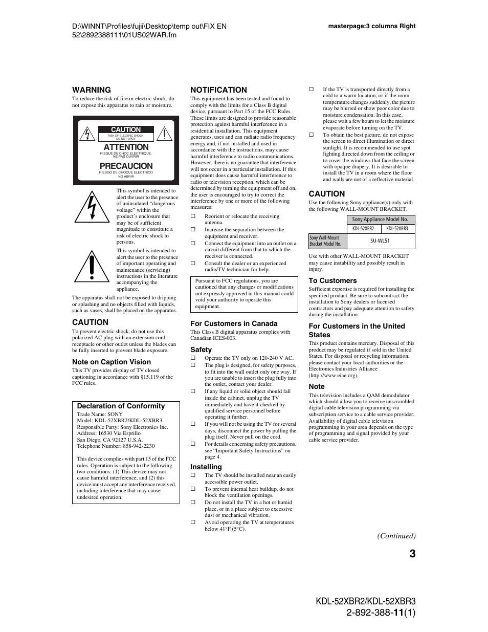 Attention, Precaucion, Warning | Caution, Notification, Continued) | Sony KDL-52XBR3 User Manual | Page 3 / 56