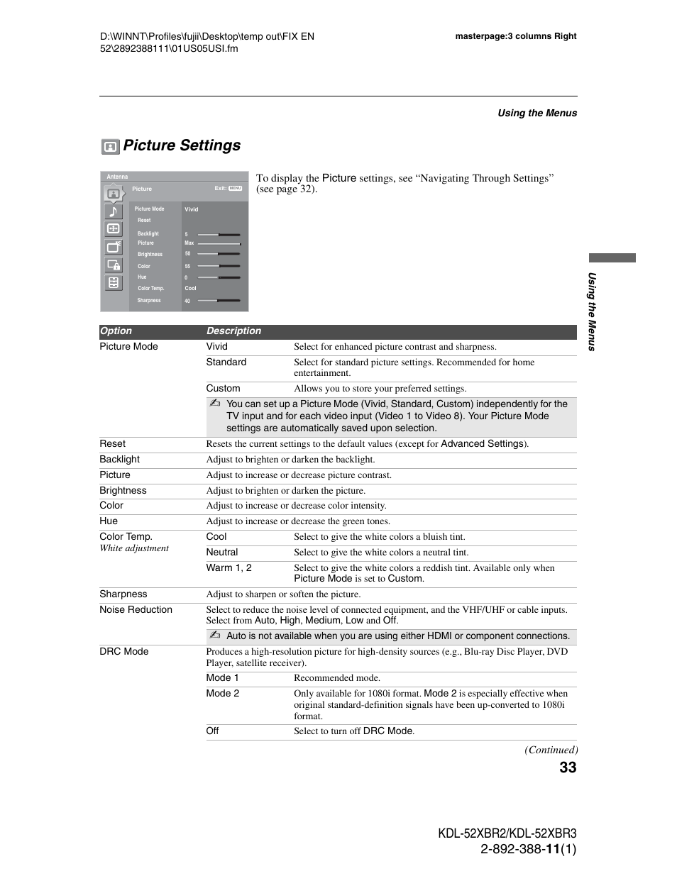 Picture settings | Sony KDL-52XBR3 User Manual | Page 33 / 56