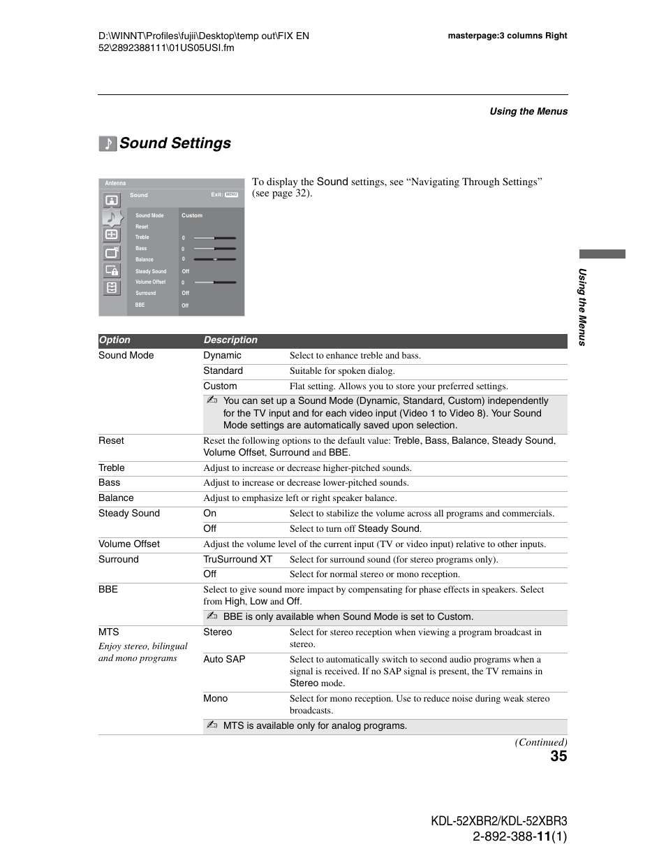 Sound settings | Sony KDL-52XBR3 User Manual | Page 35 / 56