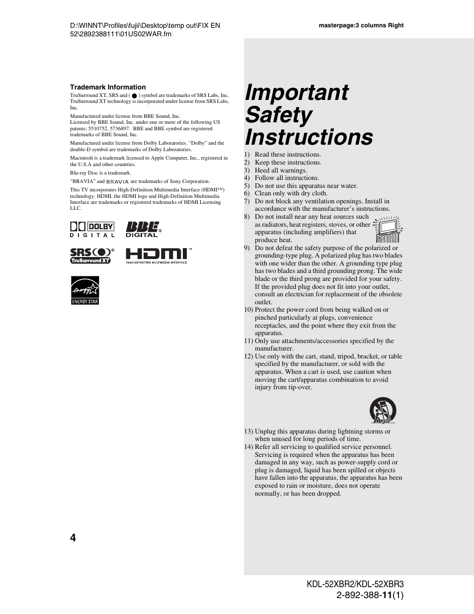 Important safety instructions | Sony KDL-52XBR3 User Manual | Page 4 / 56