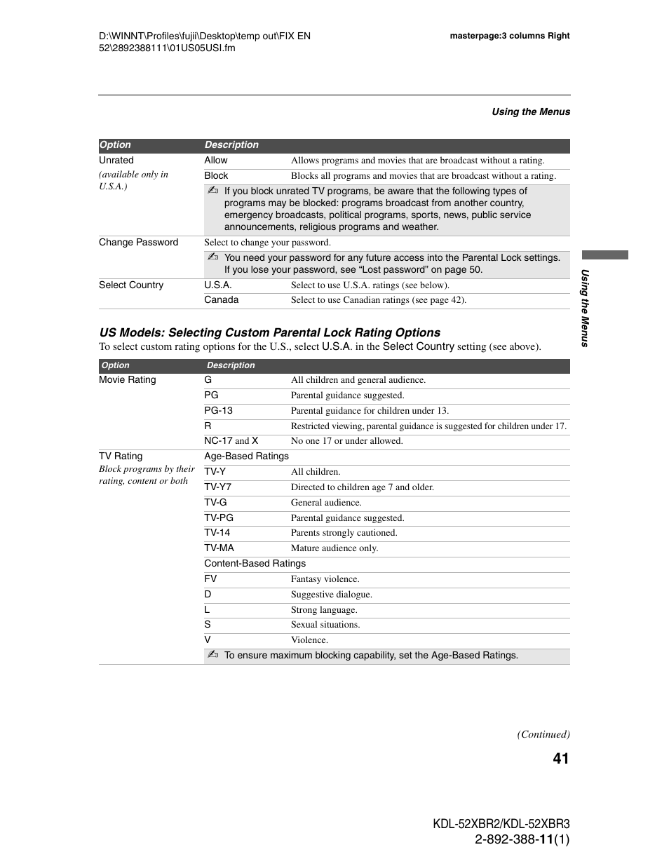 Sony KDL-52XBR3 User Manual | Page 41 / 56